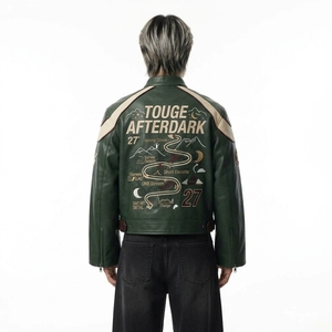 Chaqueta de Cuero Verde Estilo Bomber con Diseños de Parches Bordados, Cuello Alto, Cierre de Cremallera, Estilo Moto, Ropa de Otoño, Proveedor al por Mayor - Product Image 2