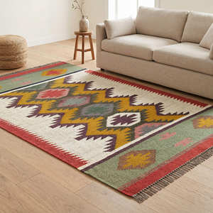 Grand tapis de sol en coton d'inspiration turque avec motifs tribaux pour salon, style bohème, méditerranéen et éclectique - Product Image 5
