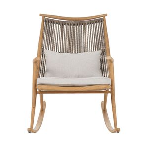 Silla mecedora resistente para exteriores con estructura de hierro con acabado en arce, respaldo de ratán PE gris claro y cojín gris - Product Image 6