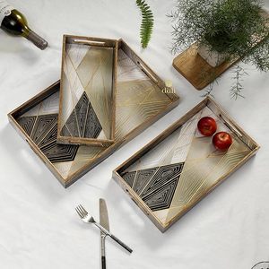 Plateau de service rectangulaire en bois massif, motif géométrique Art Déco, fait main, avec poignée, ensemble décoratif multi-pièces pour la maison et la restauration - Product Image 3