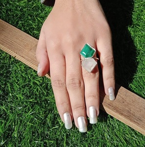 925 Sterling <b>Silver</b> Malachite Moonstone <b>Ring</b> Handmade Dual Gemstone Jewelry for Women - Product Image 1