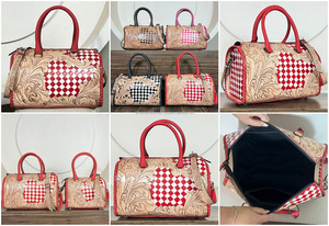 2026 Handcrafted Red White <b>Tooled</b> Checkered Floral <b>Leather</b> Duffel Bags Western Pattern Zipper Closure Durable Women's Travel Bag - Product Image 3