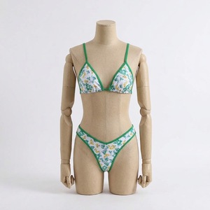 Custom Floral Print Bikini Set with Green <b>Trim</b> Adjustable String Top and Matching Briefs Two Piece Swimwear for Women Chic Beach - Product Image 5