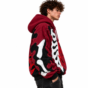 <b>Men's</b> <b>Burgundy</b> Skeleton Flame Graphic Pullover <b>Hoodie</b> Sweatshirt Gothic Streetwear - Product Image 2