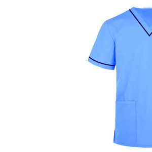 Haut de blouse bleu à col en V et manches courtes avec bordure contrastante pour infirmière hospitalière - Product Image 2
