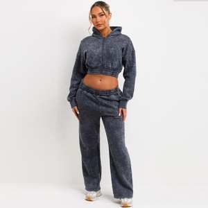 Crop Zip Up Hoodie And Joggers Chándal Set Acid Wash Grey Wide Leg Joggers Disponible en Xs, S, M, L,XL - Product Image 1