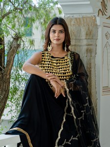 Black Gold Embroidered Polyester Quick Dry All Seasons Navratri Lehenga Set Sleeveless Crop <b>Top</b> Pleated Skirt <b>Net</b> Dupatta - Product Image 6