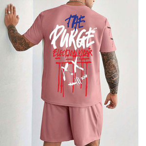 T-shirts à manches courtes et col rond bleu marine pour hommes Perfectionists, ensemble court, coupe ample, décontracté, respirant, 100% coton tricoté - Product Image 1