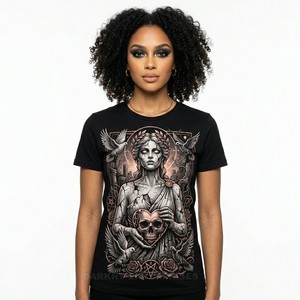 Camiseta Gráfica de Estilo Vintage para Mujer, con Estampado de Calavera y Corazón Gótico, de Algodón Negro, Ropa Urbana Retro Personalizada - Product Image 1