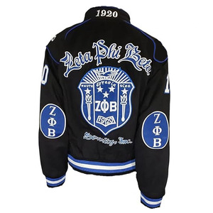 Chaqueta Bomber Universitaria con Parches de Letras Griegas de la Hermandad Zeta Phi Beta, Azul y Negro, Bordado Premium, Estilo Urbano - Product Image 4