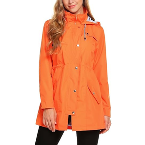 Women's Orange Hooded Windbreaker <b>Jacket</b> Full Sleeve Drawstring Closure Waterproof Casual <b>Long</b> Length Outerwear - Product Image 1