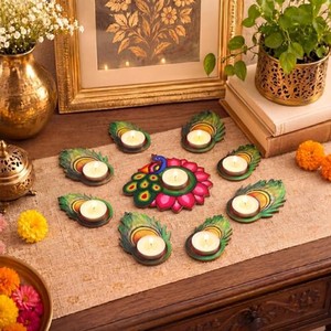 Handcrafted Rosewood Peacock Diya <b>Lantern</b> Set - Wholesale Decorative Oil Lamps India - Product Image 4