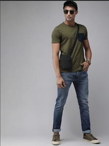 T-shirt décontracté pour homme en coton 100% biologique, col en V sans col, manches courtes, couleur unie, vert olive, tricoté, ODM, vêtements d'été - Product Image 3