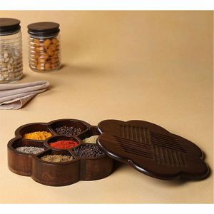 Ensemble de boîtes à épices en bois avec couvercle en forme de fleur, boîte à masala à 7 compartiments, organisateur de rangement de cuisine, support à épices, condiments - Product Image 1