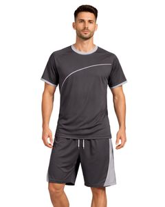 ชุดเสื้อยืดกีฬาและกางเกงขาสั้นสีเทาเข้มและสีเทาอ่อนสำหรับผู้ชาย ระบายอากาศได้ดี แห้งเร็ว เหมาะสำหรับออกกำลังกาย วิ่ง และฝึกซ้อม - Product Image 1