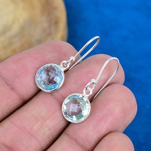 Natural Blue Topaz Round Shape Gemstone Dangle <b>Hook</b> <b>Earring</b> 925 Sterling Silver Finish - Product Image 3