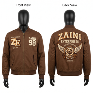 Chaqueta Bomber de Hombre de Sarga de Algodón Premium 280 GSM Marrón Estilo Universitario Puños Acanalados Logotipo de Parche de Chenilla con Bordado Personalizado - Product Image 1