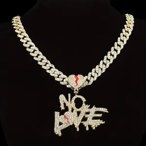 Briva Jewels Collier Pendentif pour Homme Hip Hop en Argent Sterling Plaqué Or 14 carats avec Moissanite, Motif Cœur Fissuré, Lettre 'No Love' et Chaîne Cubaine - Product Image 2
