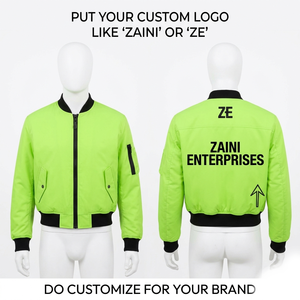 320 GSM Premium Polyester Bomber Jacket Neon <b>Green</b> Black Rib Custom Logo Casual Outerwear Jacket - Product Image 1
