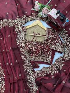 Sari de seda Fendi de diseño Reglance con bordado de hilo y lentejuelas, elegante, tradicional, de aspecto lujoso, ideal para bodas. - Product Image 6