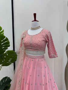 Pink Beaded Chiffon <b>Lehenga</b> Set V-neck Long Sleeve A-Line Crop Top Asymmetrical Princess Waistline for Pregnant Women Classic - Product Image 1