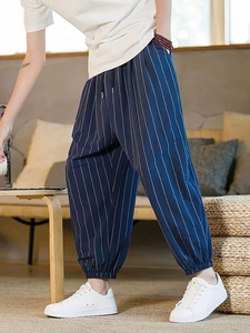 Jogger Pants Summer Stripe Casual Jogger Pants Men Ice silk Baggy <b>Trousers</b> Male Walking Wide leg Loose Sweatpants - Product Image 1