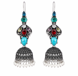 Wholesale Aqua Blue Stone <b>Oxidized</b> Silver Jhumka Earrings for Women | Traditional Indian Ethnic Dangle Earrings - Product Image 2