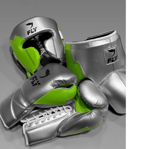 Hot Selling Premium Fly <b>Silver</b> Green Boxing Sparring Set Genuine Leather Training <b>Gloves</b> Adjustable Strap Headgear Groin Guard - Product Image 1
