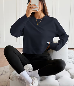 Women's Navy Blue Oversized Crewneck Eco-Friendly Fleece Sweatshirt Long Sleeve Woven Solid Color Regular Winter Casual - Product Image 5