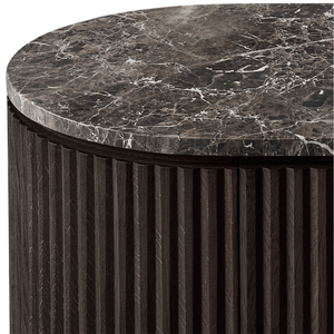 Buffet contemporain moderne en teck massif avec plateau en marbre, panneau cannelé, finition foncée, meuble de salle à manger haut de gamme aux coins arrondis - Product Image 4