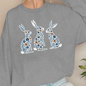 Silhouettes de lapin à décoration florale complexe imprimées sweats tricotés décontractés pour femmes - Product Image 1