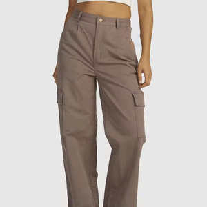 Pantalones Cargo de Cintura Alta para Mujer, Color Gris Sólido, Lona, Casuales, Largos, con Bolsillos, Corte Holgado, Estilo Primavera - Product Image 5