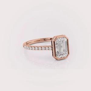 แหวนหมั้นเพชรทรงเอเมอรัลด์สั่งทำพิเศษ เพชรเพาะเลี้ยง ตัวเรือนทองคำขาว/เหลือง/โรสโกลด์ 9K แบบหนามเตย ประดับเพชรแบบพาเว่ ชุบโรเดียม IGI - Product Image 4