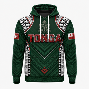Sweat à capuche unisexe avec drapeau national des Tonga, imprimé par sublimation verte, motif tribal et logo du pays - Product Image 1