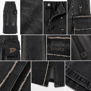 Rebel Cute Utility Denim Skirt for Women Blue Black Y2K Maxi Cargo with Detachable Pouch Gothic Streetwear Details Summer/Winter - Product Image 4