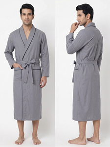 Men Gray Long Sleeve Robe With Pockets Casual Sleepwear Gown Bathrobe Soft 100% Cotton Nightwear Robe Gown Mens - Product Image 4
