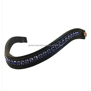 Full Durable <b>Stitching</b> Empty Channel Leather Horse Brow Band Inserted Single Row of Blue <b>Crystals</b> with Snap Button of Loops - Product Image 6