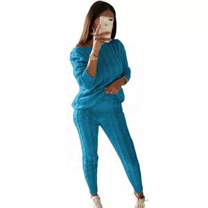 Ensemble de survêtement à col rond pour femme, vêtements tricotés à la mode, couleur unie, grande taille, pull, ensemble deux pièces - Product Image 3