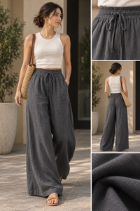 Ensemble deux pièces décontracté d'été pour femme en lin/coton – Débardeur noir et pantalon large gris foncé taille mi-haute - Product Image 6