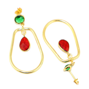 Pendientes Colgantes de Metal de Latón Chapado en Oro de 18K con Corte a Cuadros Único, Esmeralda Verde, Granate Rojo y Hidrocuarzo de Forma Elegante, Venta al por Mayor - Product Image 3