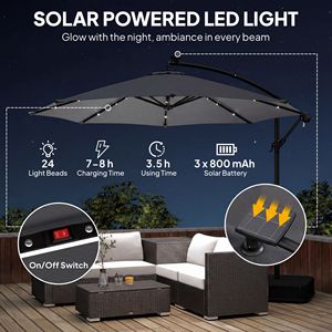 Ombrellone a braccio laterale da 3 metri grigio scuro con design leggero a sospensione solare, copertura protettiva inclusa - Product Image 4