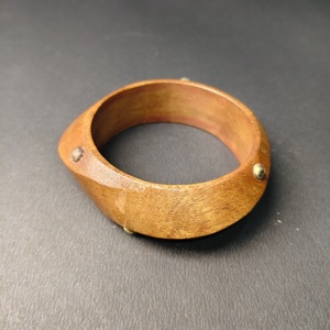Unique Asymmetrical Tapered Wood Bangle with Gold <b>Sphere</b> Studs - Designer Hand-Carved Ergonomic Wooden Jewelry - Product Image 2