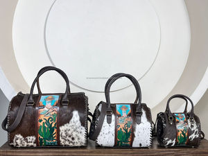 2026 Fashionable Hand <b>Tooled</b> Genuine Cowhide <b>Leather</b> Duffel Bag Cactus Pattern Hair On <b>Leather</b> Vintage Weekender Bag for Unisex - Product Image 4