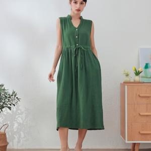 Vestido de Lino Orgánico para Mujer, Talla Grande, Manga Larga, Ropa de Lino Personalizada, Vestido Casual Elegante, Cómodo para Uso Diario - Product Image 1