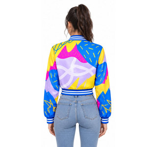 Geometric Print Varsity Jacket <b>Women's</b> Short Crop Bomber <b>Coat</b> Full Sleeve Turn-down Collar Polyester Zipper Closure <b>Spring</b> Style - Product Image 5