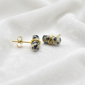 Ratnarachit Women's Dalmatian Jasper <b>Earrings</b> 12x5mm Rounded Rectangle Wire Wrapped <b>Studs</b> Gold Silver Rose Gold Minimalist Gift - Product Image 1