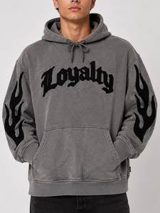 Sudadera con Capucha Casual para Hombre, Corte Regular, Color Gris, Diseño Bordado de Llama de Lealtad, Felpa Francesa de Algodón, Estilo Hip Hop, Bolsillo Frontal - Product Image 1