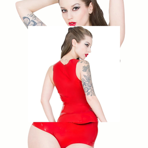 Body de cuero PU rojo para mujer con volantes en la parte superior y cremallera frontal, diseño de lencería sexy - Product Image 6