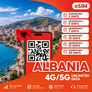 Albanie eSIM Données illimitées 3/5/7/10/15/30 jours – Code QR Internet de voyage 4G/5G, livraison instantanée par e-mail - Product Image 1
