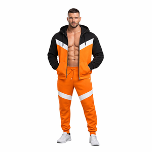 Conjunto Deportivo de Alta Calidad para Hombre, Sudadera con Capucha y Cremallera Naranja y Negra con Franja en V en Contraste, Pantalones Deportivos Ajustados, Ropa Deportiva para Gimnasio y Fitness - Product Image 1